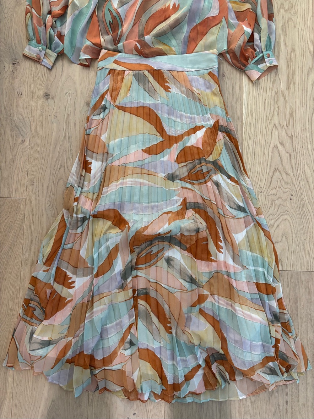 Sezane Leaf Print Tie-Neck Blouse & Skirt Set - Picture 2 of 3